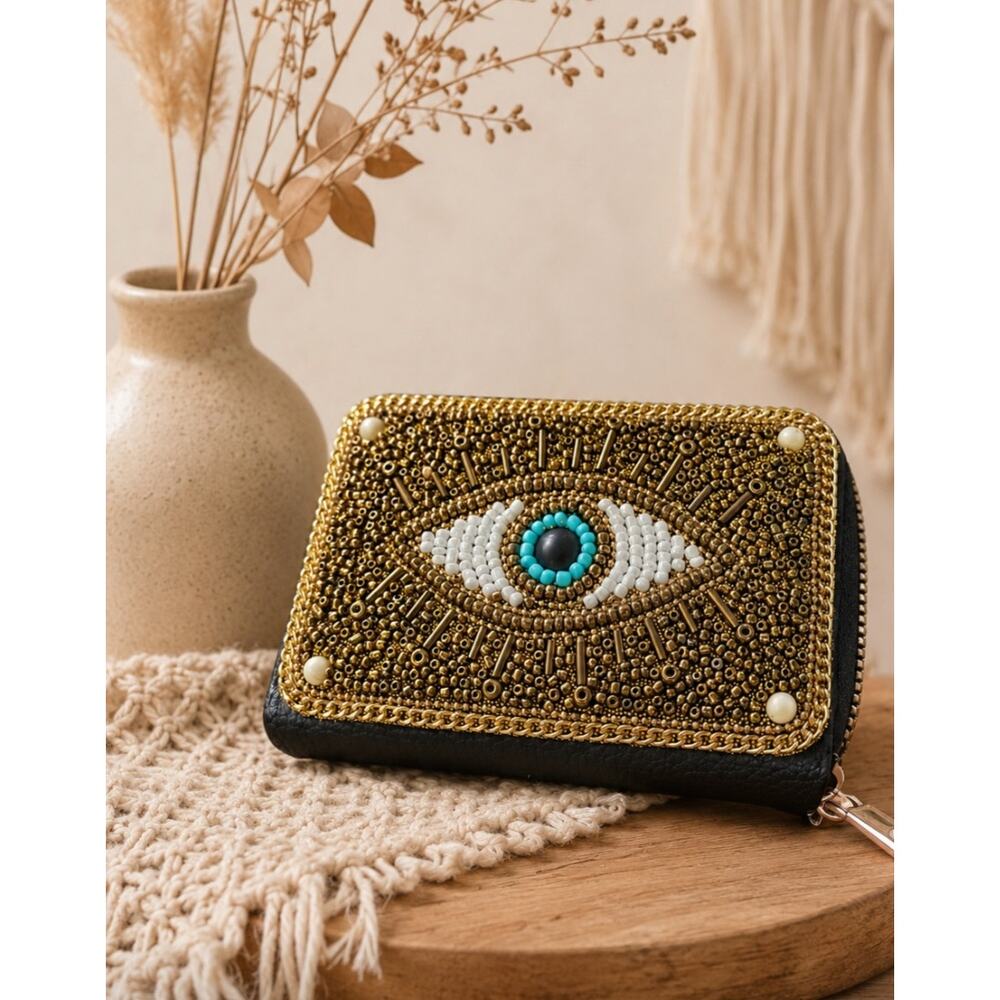 Gold Evil Eye Beaded Zipper Card Wallet New